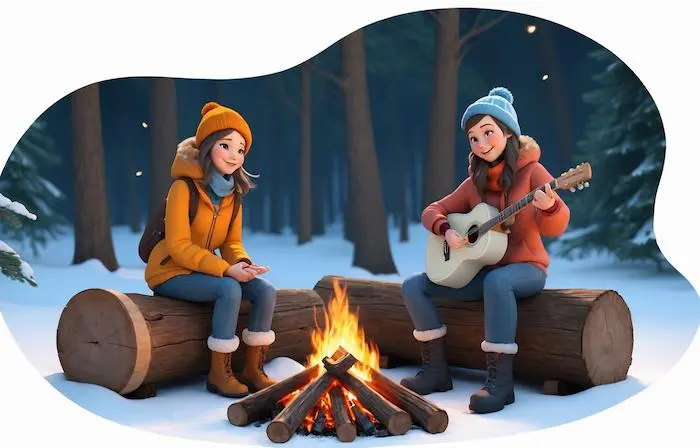 Beautiful Girls by Bonfire Playing Guitar Cartoon 3D Character Design Art Illustration